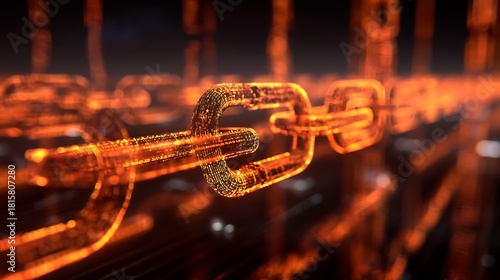 A digital chain link with a glowing, orange hue, representing blockchain technology.