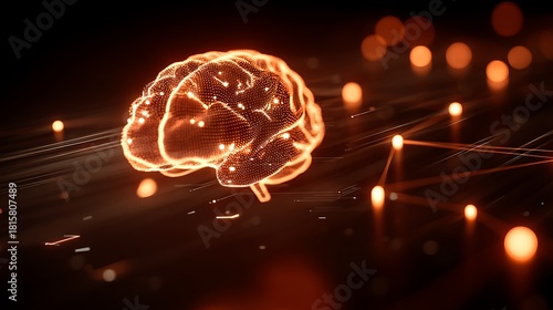A glowing, digital brain model with intricate connections against a dark background.