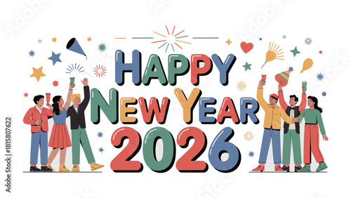 New Year's Eve Festivities: Cheerful figures toast to the future, as vibrant fireworks light up the sky. This image captures the excitement and joy of a new beginning.