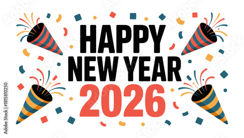 New Year Celebration 2026: An eye-catching graphic design for celebrating the new year with confetti and party poppers. A lively invitation to welcome the next chapter, symbolising hope.
