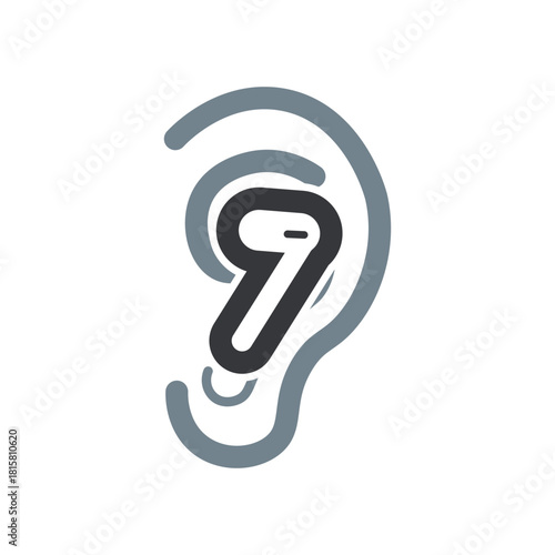 Isolated pictogram of an ear wearing wireless earphones, showing a prohibition warning to avoid music listening in work and school areas.