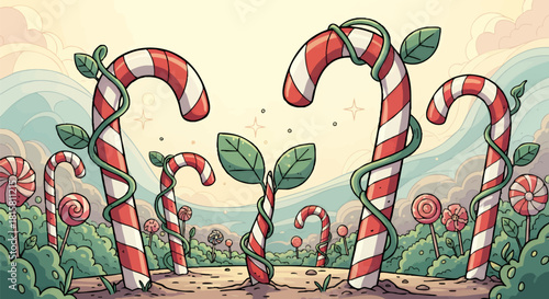 A whimsical fantasy landscape concept where giant candy canes grow like trees and a small plant sprouts in a sweet, sugary world