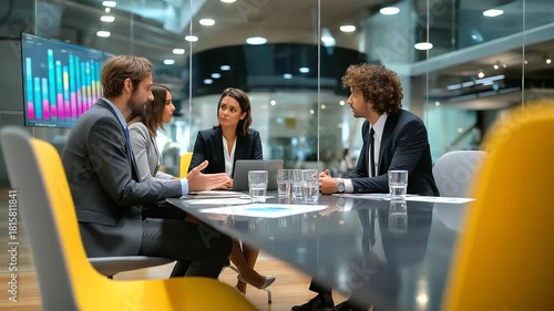 Headless shot of professionals discussing with focused modern conference room and colorful design elements visible, with copy space