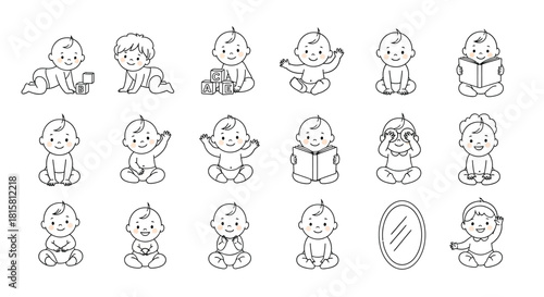 Collection of baby icons includes crawling, sitting, playing, reading, and other babyrelated activities