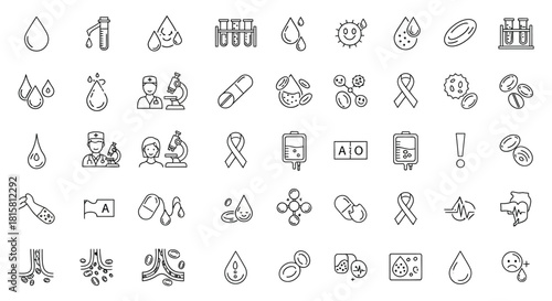 Collection of blood test icons set of laboratory analysis, donation, and transfusion pictograms vector illustration