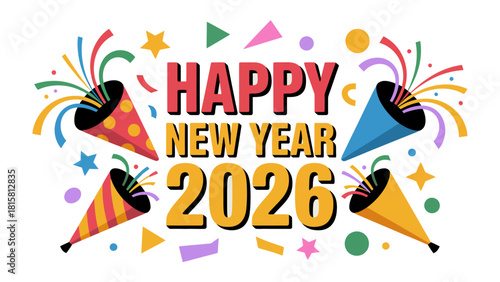New Year 2026 Celebration: A vibrant and colorful design celebrates the arrival of the new year 2026, featuring festive party poppers, confetti, and joyful lettering. 