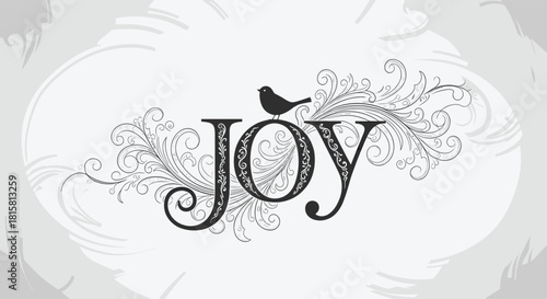 Elegant typography design of the word JOY with intricate flourishes and a small bird silhouette on a light grey background.