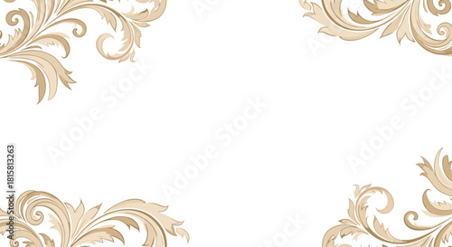 Elegant baroque style acanthus leaf scrollwork in four corners creating a beautiful vintage decorative frame on a clean white background.