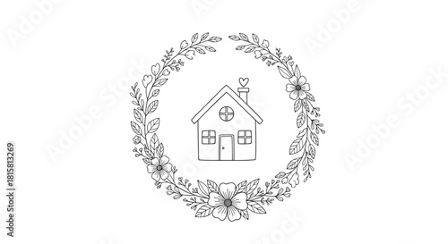 Simple hand-drawn house with a heart on the chimney is beautifully encircled by a delicate floral wreath in a charming black line art illustration.