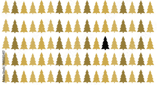 Seamless pattern of golden Christmas trees with one single black tree standing out from the crowd representing uniqueness and individuality.