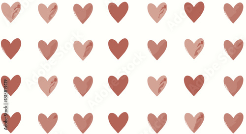 Seamless repeating background pattern of hand-drawn hearts in various shades of dusty rose and pink creating a soft romantic and cute texture.