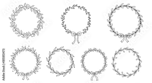 Set of seven simple hand-drawn circular wreaths made from leaves berries and bows in a clean black and white minimalist line art style.
