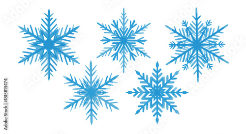 Set of five beautiful blue watercolor snowflakes with a painted texture effect creating a soft and artistic design for winter holiday cards.