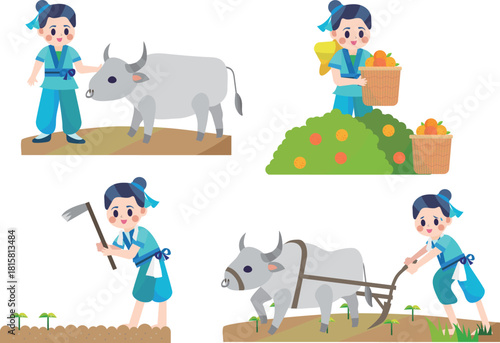 Asian farmer male ,planting rice seedling,and picking fruit. Asian agriculture, rice farming, garden