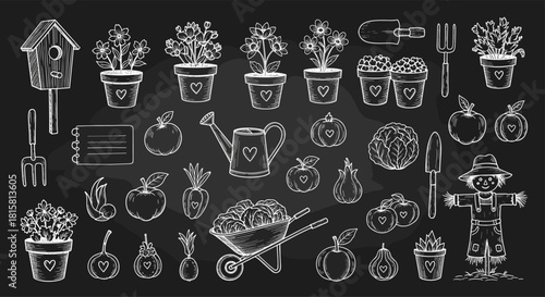 Large collection of charming garden and farm themed doodles drawn with white chalk on a black chalkboard background including tools and produce.