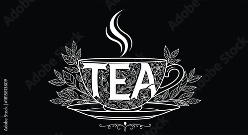 Ornate and decorative teacup illustration with the word TEA inside surrounded by elegant leaves on a solid black background creating a striking design.