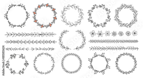 Extensive collection of hand-drawn floral wreaths borders dividers and individual flower elements in a delicate black and white line art style.