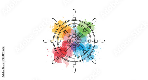 Artistic illustration of a ship's wheel outline with a vibrant splash of rainbow watercolor paint behind it creating a colorful nautical design.