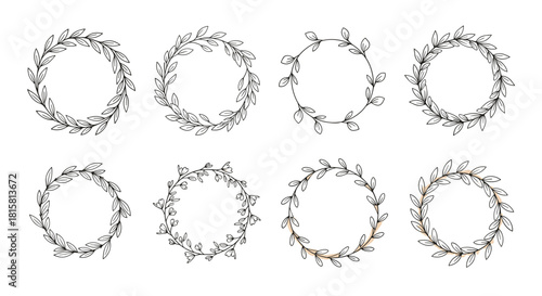 Set of eight hand-drawn circular wreaths made from delicate leaves and branches in a simple and elegant minimalist black line art style.