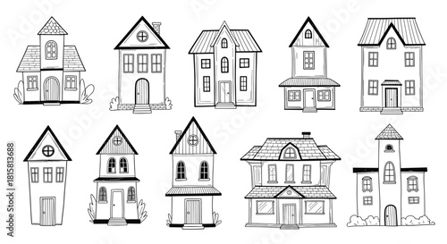 Collection of ten different hand-drawn houses and buildings in a charming and whimsical black and white doodle style for creative projects.