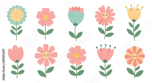Set of ten cute and whimsical flowers in soft pastel colors with some featuring adorable smiling kawaii faces for a cheerful children's design.
