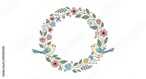 Delicate floral wreath with two cute blue birds perched among colorful pink and yellow flowers creating a charming circular frame.