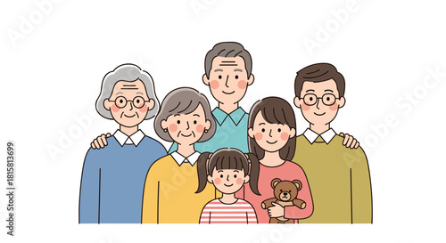 Warm and gentle illustration of a happy three-generation Asian family with grandparents parents and a daughter with her teddy bear smiling together.