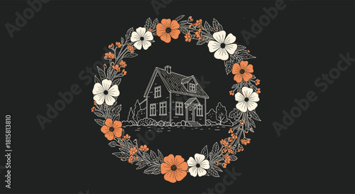 Line art illustration of a cozy house nestled inside a beautiful circular floral wreath on a contrasting dark background.
