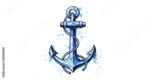 Blue watercolor style anchor with a rope wrapped around it and artistic paint splatters creating a nautical marine illustration.
