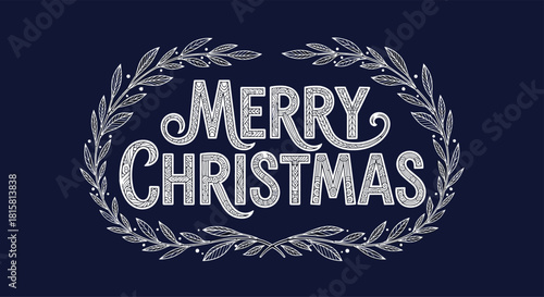 Ornate Merry Christmas hand-lettering with intricate patterns framed by a winter wreath on a dark blue holiday background.
