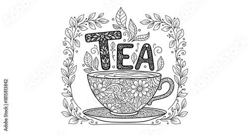 Detailed black and white coloring page for adults featuring a patterned teacup and the word TEA inside a leafy floral frame.