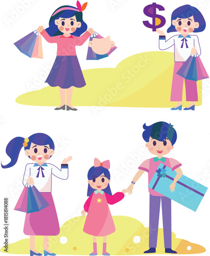 Happy Family Shopping. Father, Mother and Little Kids.Female Character holding shopping bags 