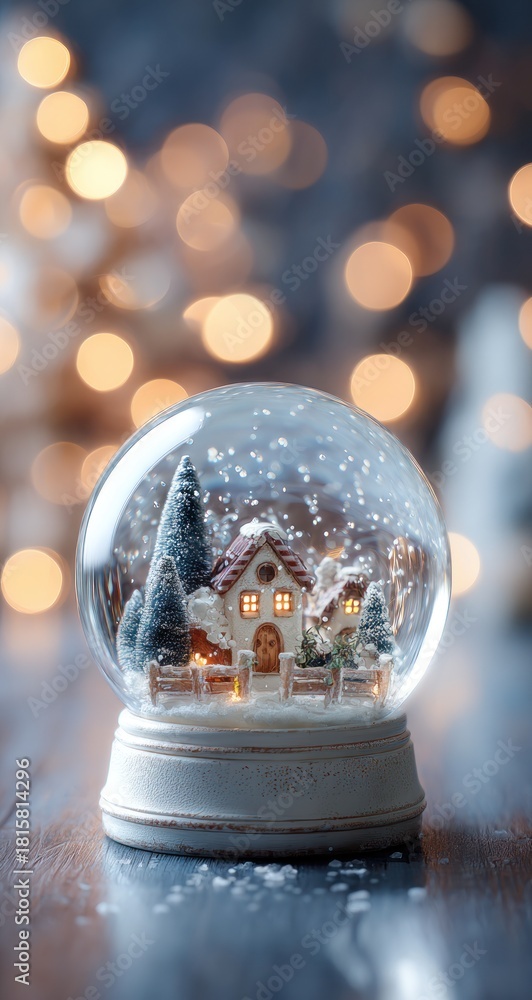 Naklejka premium Enchanting Winter Scene - Snow Globe with Cozy House and Bokeh Lights.