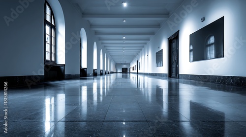A long, empty hallway with arched windows and marble floors, illuminated by natural light.