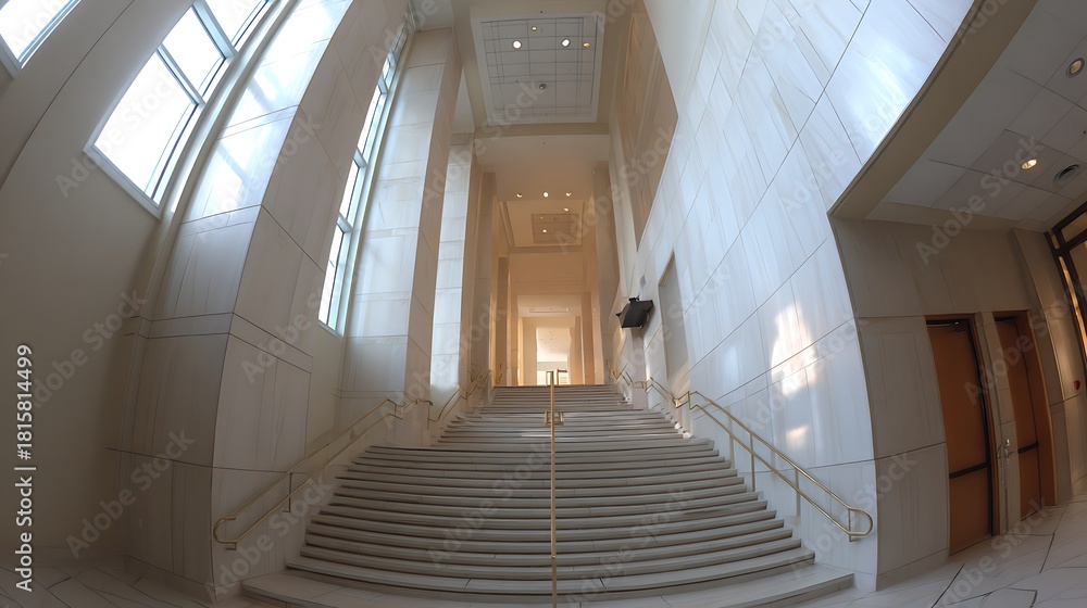 Fototapeta premium A grand, modern staircase with a glass wall and a stunning view of the city.