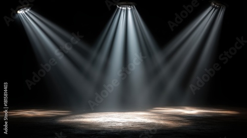 Trio of bright spotlights illuminating a dark background to highlight key moments during performances and presentations