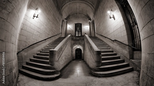 A grand, Gothic-styled staircase with arched windows and stone steps, illuminated by vintage lighting fixtures, leading to an ornate doorway in a historic building.