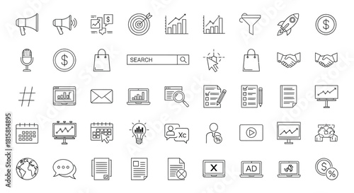 Collection of linear marketing and business icons, showcasing various aspects of promotion, strategy, and online presence
