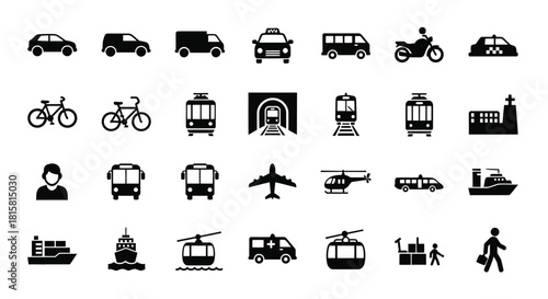 Collection of transportation icons perfect for websites, apps, and print materials related to travel, logistics, and urban planning