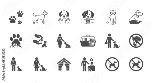 Collection of vector icons related to pets, animal care, and veterinary services includes dog, cat, paw, and shelter
