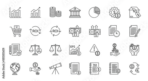 Financial and business icon set, representing investment, growth, and economic activity in a simple and modern design