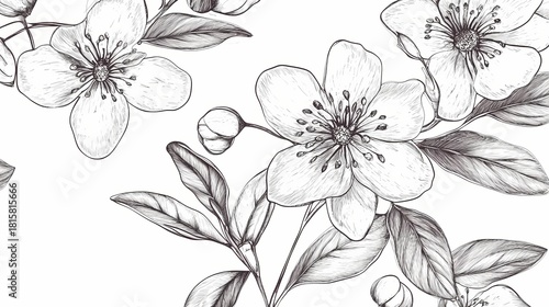 Detailed monochrome botanical illustration showcases a seamless pattern of blooming blossoms and foliage