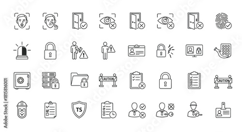 Collection of security icons, representing safety measures, access control, and protection against threats and vulnerabilities
