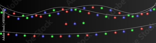 RGB hanging string light bulbs on transparent or black background – realistic glowing led night lighting elements