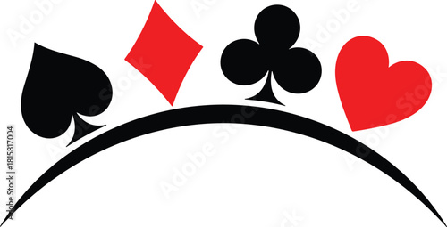 Cards, suits, spade, heart, club, diamond, symbol, graphic, red, black, arc, curve, abstract, design, poker, casino, gambling, game, artistic, silhouette