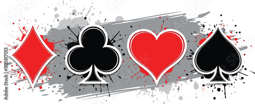 Cards, suits, spade, heart, club, diamond, silhouette, graphic, red, black, paint, splash, abstract, design, gambling, poker, casino, artistic, game, symbol
