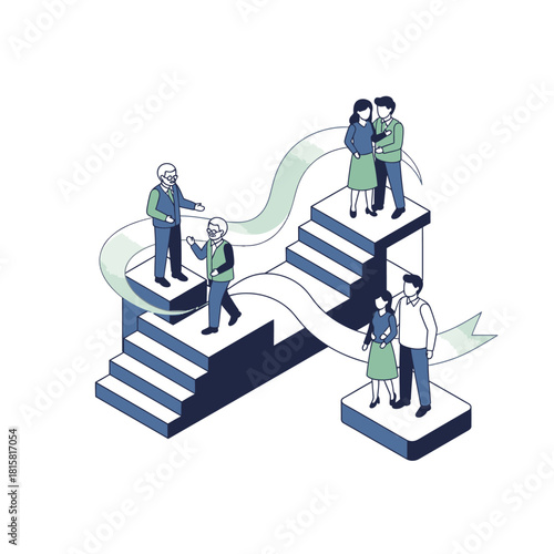 Isometric illustration of people on stairs representing different generations.