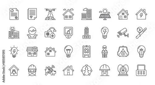 Smart home line icon set, vector outline symbol collection, linear white illustration smart house, energy, automation, security system