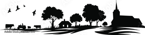 Countryside, rural, silhouette, farm, tractor, cows, church, house, trees, birds, nature, landscape, agriculture, village, peaceful, field, graphic, black, minimal, scene