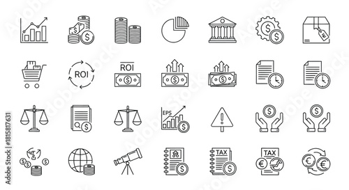 Set of business and finance icons collection of linear symbols for investment, banking, and accounting vector